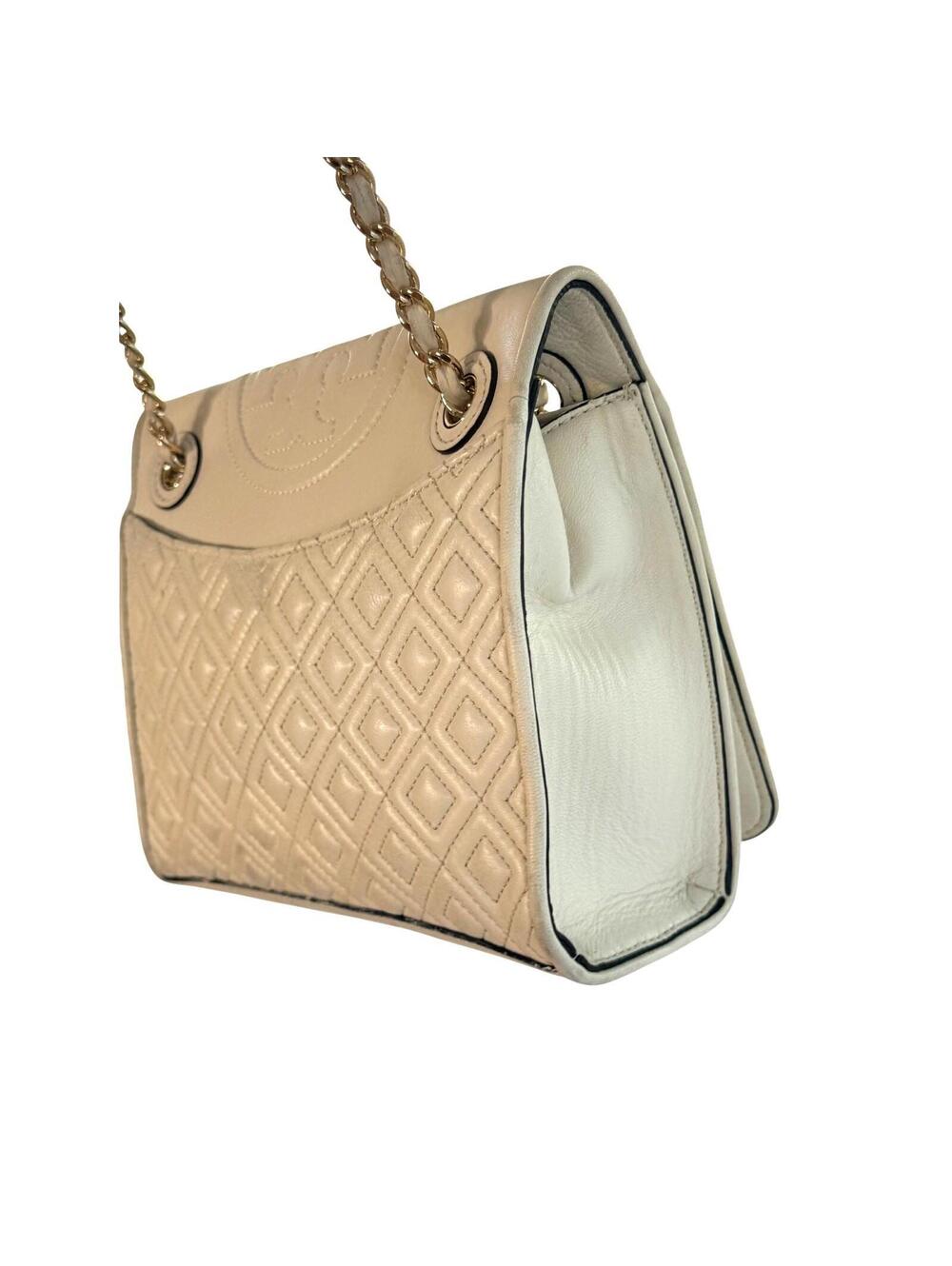 Tory Burch Quilted Leather Chain Shoulder Bag Ivory Cream Crossbody Purse Gold